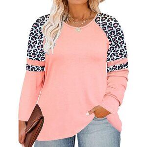 Plus Size Long Sleeve Raglan Top Color Block Leopard Plaid Comfortable